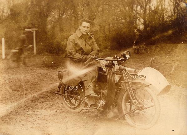 Mr P Strong on his 1914 770cc V twin Model X (ELS) "Electric Lighting Sidecar Outfit" Picture taken about 1920. At £105 this was the most expensive model, and consequently it is very rare